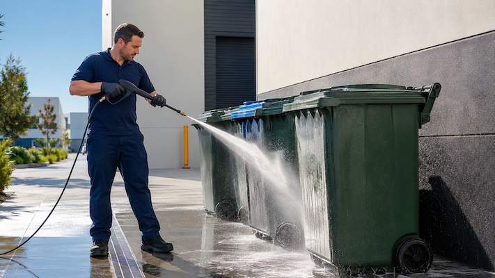 professional cleaner cleaning a bunch of commercial business bins