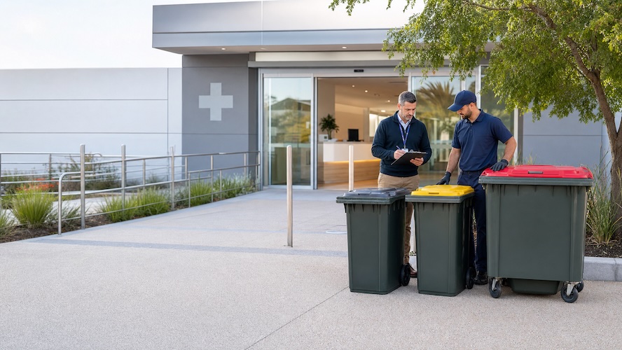 guys inspecting bins at hospital
