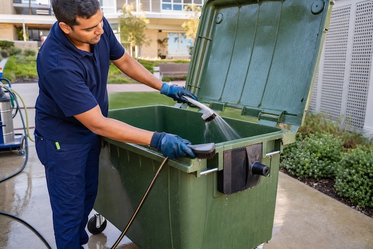 guy cleaning bin in hospital