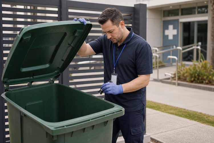 guy inspecting dirty bin with light