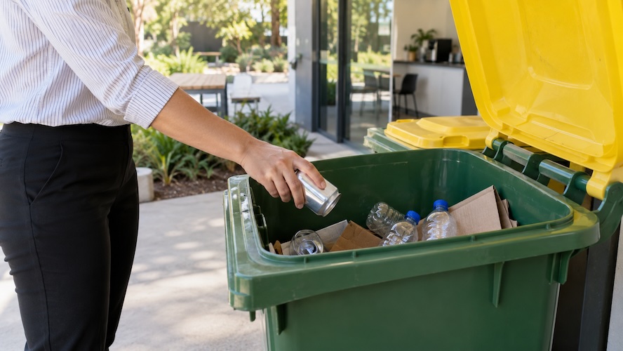 lady putting can in recycling bin