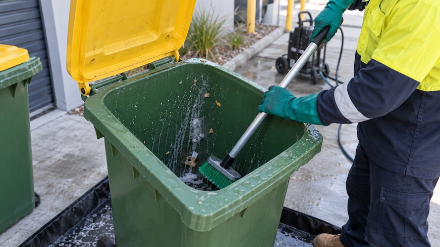 inside view of recycling bin with cleaning brush inside